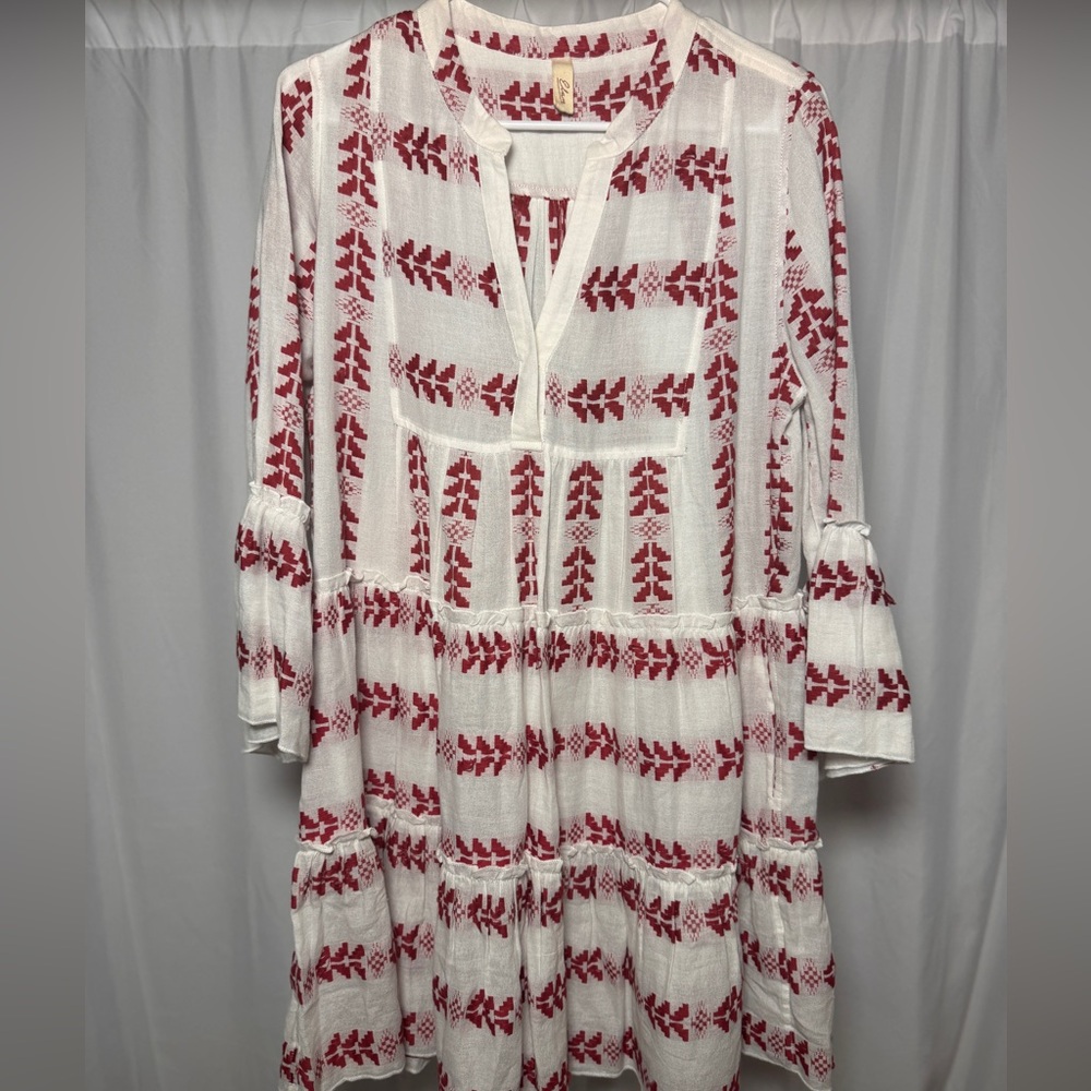 Elan Clara Dress White and Red Cotton Womens Medium Resortwear Festive Boho